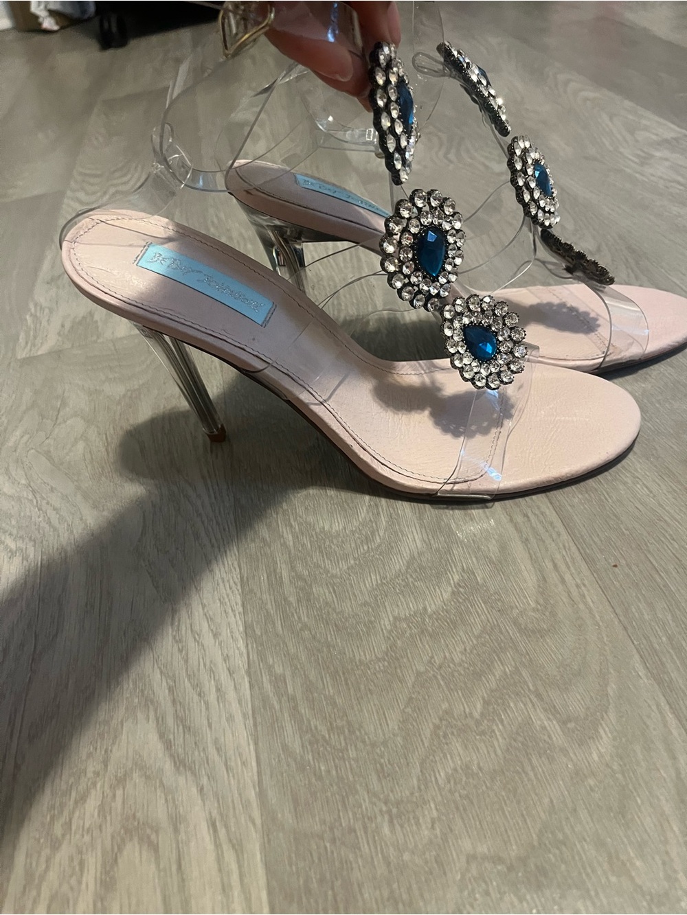 Betsey Johnson Clear Heels with Blue Teardrop Crystal Embellishments - Picture 7 of 7